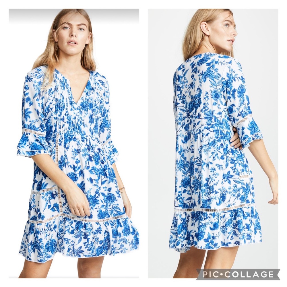 Kos Resort Blue & White Floral Crinkle Viscose Ruffle Sleeve Mini Boho Dress XS